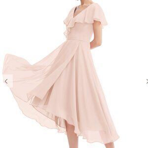 Blushing Pink A-line V-Neck Asymmetrical Chiffon Bridesmaid Dress With Ruffle